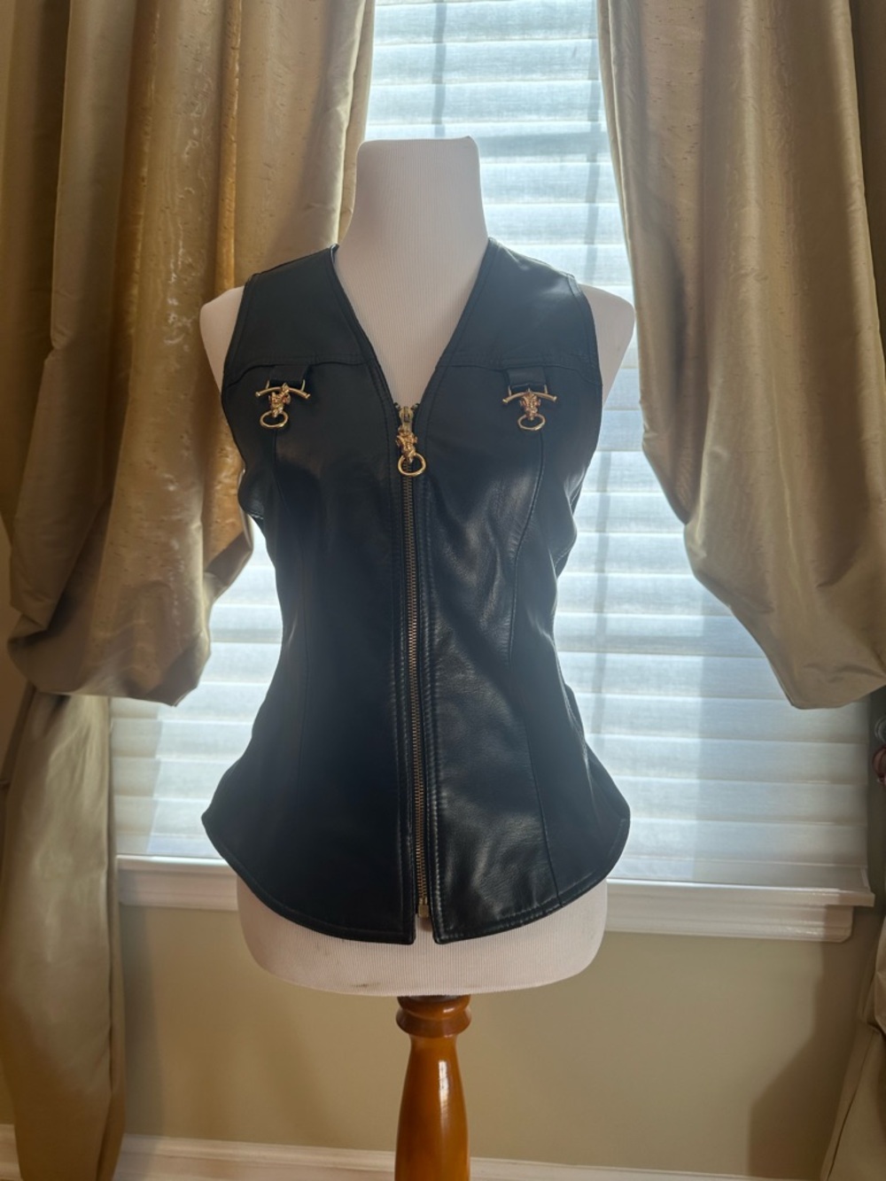 Vintage Alberto Makali size 4 Black Leather vest with gold ram head hardware